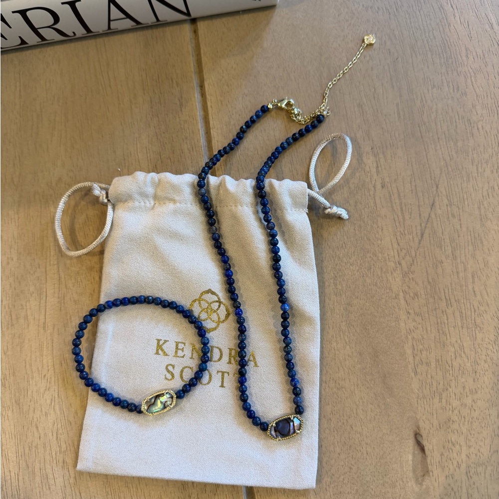 Kendra Scott Lapis Blue Bead Necklace Stone and Bracelet Set with Gold Accents